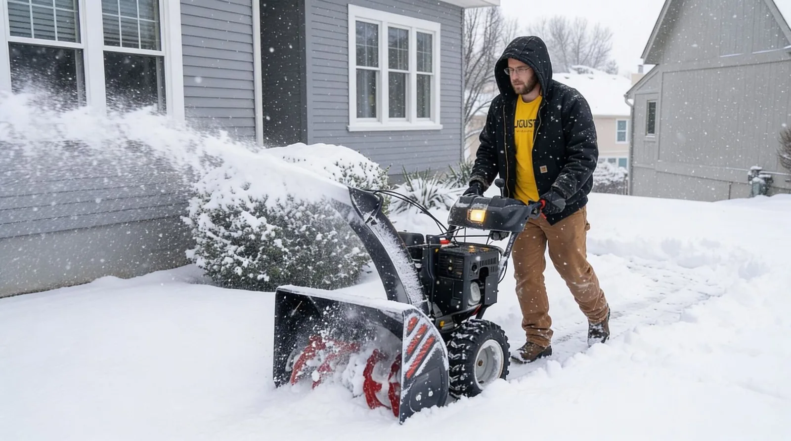 Augusta crew member clearing a driveway, Red Deer snow removal