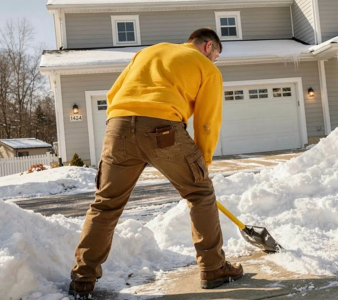 Augusta crew member shovelling a driveway
